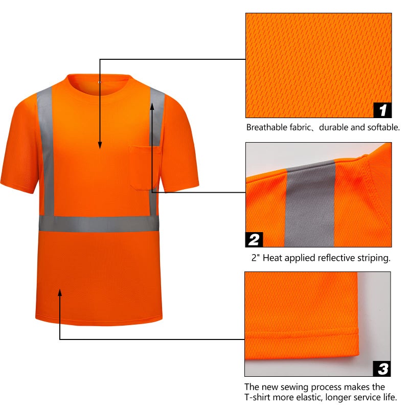 DPSAFETY High Visibility Shirts Quick Dry Safety T Shirts with Reflective Strips and Pocket Short Sleeve Mesh Hi Vis Construction Work Class 2 Shirt for Men/Women Orange,5XL - Image 2